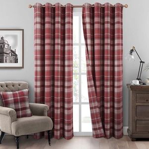 New red burgundy plaid curtains 2 panels red check tartan drapes 45”x 95” woolen